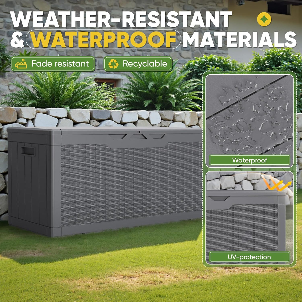 Greesum 100 Gallon Resin Deck Box Lockable Large Outdoor Storage Boxes for Garden Tools, Patio