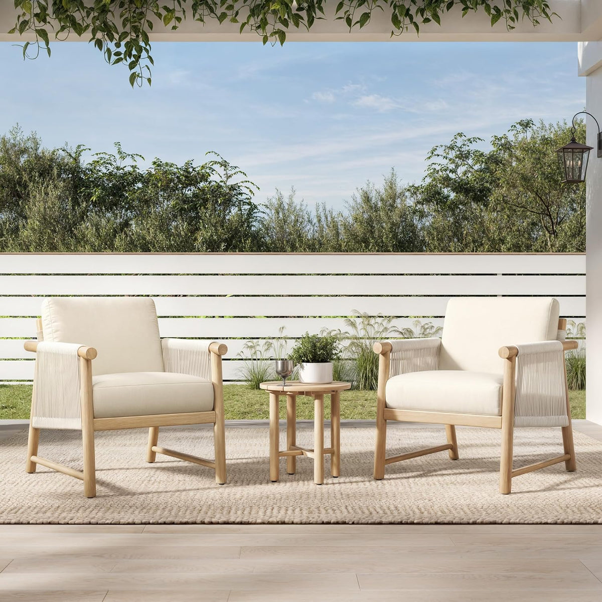 CHITA 3 Pieces Boho Patio Rattan Bistro Set, Outdoor Wicker Chairs & Side Table Set with Acacia