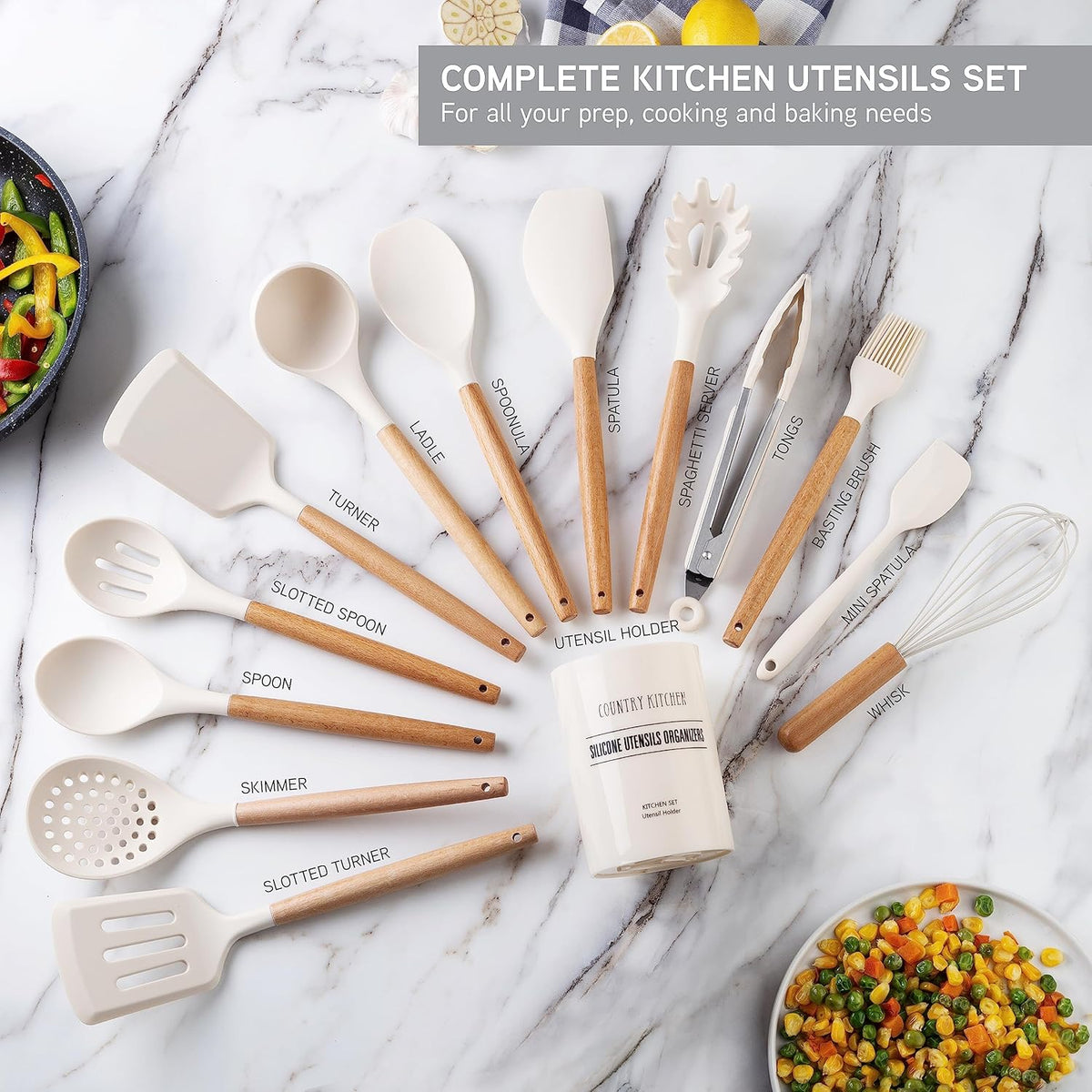 Country Kitchen Non Stick Silicone Utensil Set with Rounded Wood Handles for Cooking and Baking, 14