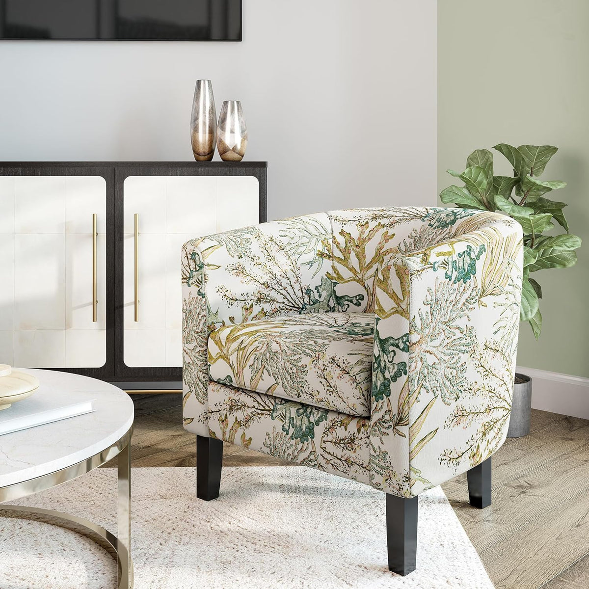 BELLEZE Living Room Chair, Linen Round Accent Barrel Chair, Club Tub Sofa Chair for Bedroom, Corner