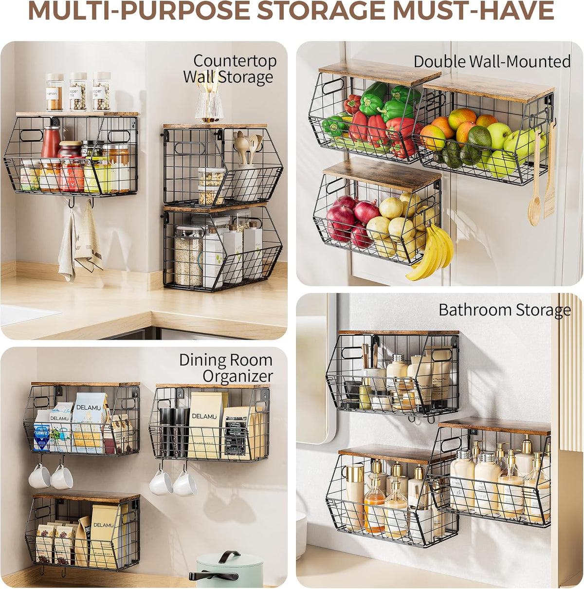 Delamu 3 Pack Stackable Metal Fruit Basket with Wood Lid-Wall Mounted&Countertop Organizer for