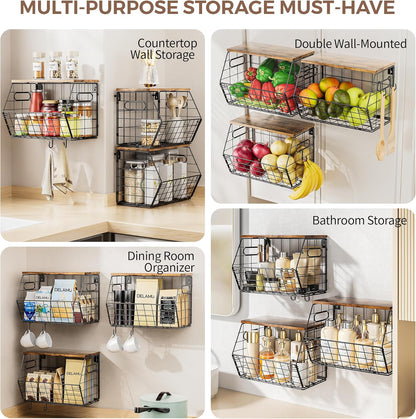 Delamu 3 Pack Stackable Metal Fruit Basket with Wood Lid-Wall Mounted&Countertop Organizer for