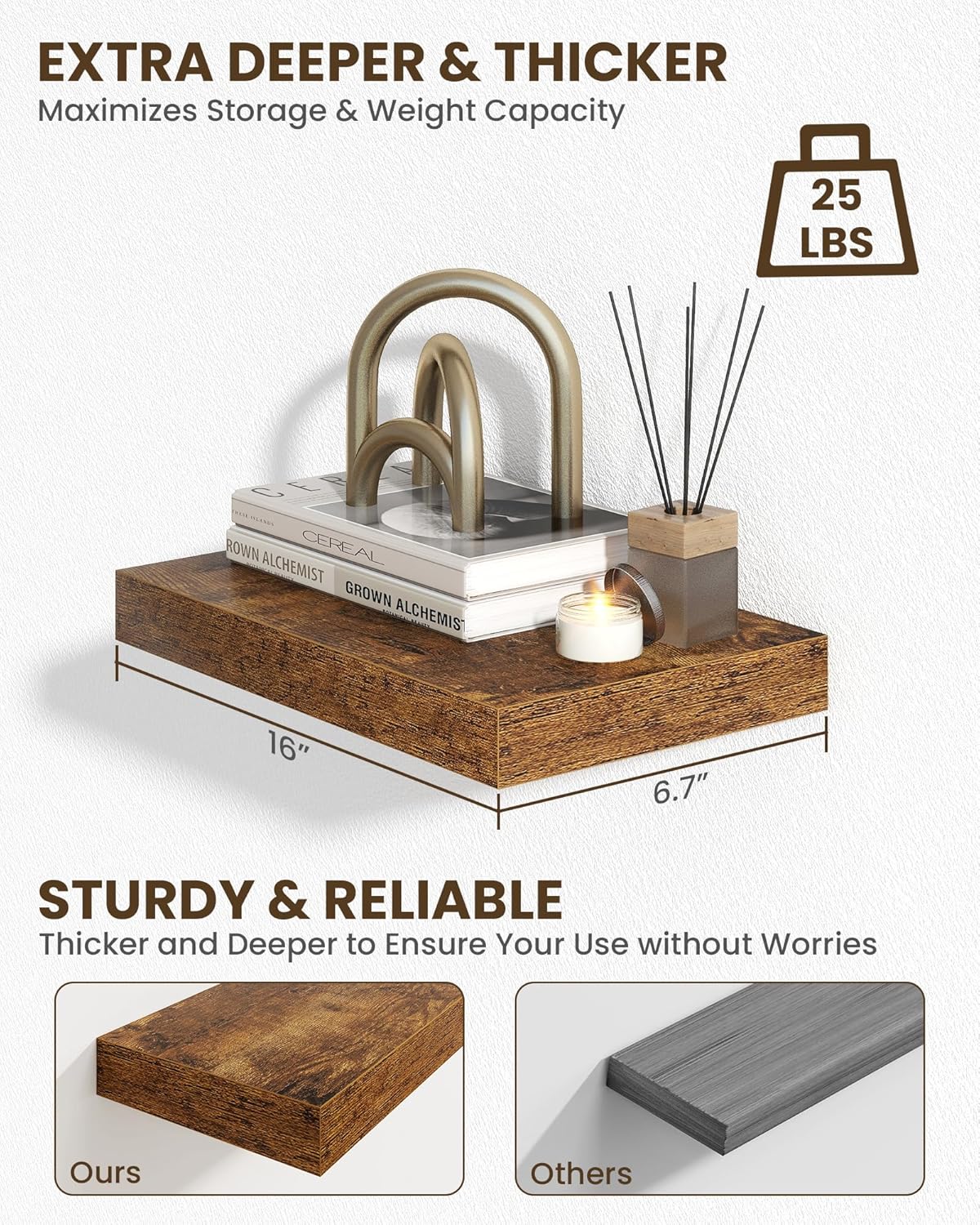 Marsmiles 16" Floating Shelves for Wall, Wooden Shelves with Invisible Brackets Set of 2, Rustic