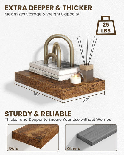 Marsmiles 16" Floating Shelves for Wall, Wooden Shelves with Invisible Brackets Set of 2, Rustic