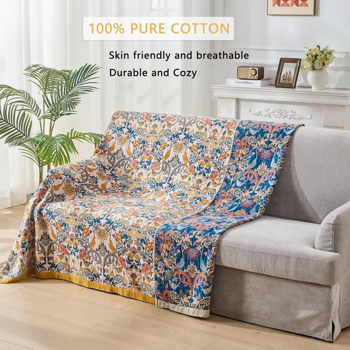 Fall Boho Throw Blanket for Bed, Muslin Reversible Blanket Washable Breathable,100% Cotton