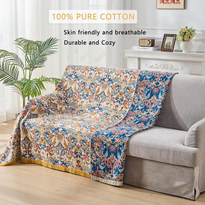 Fall Boho Throw Blanket for Bed, Muslin Reversible Blanket Washable Breathable,100% Cotton