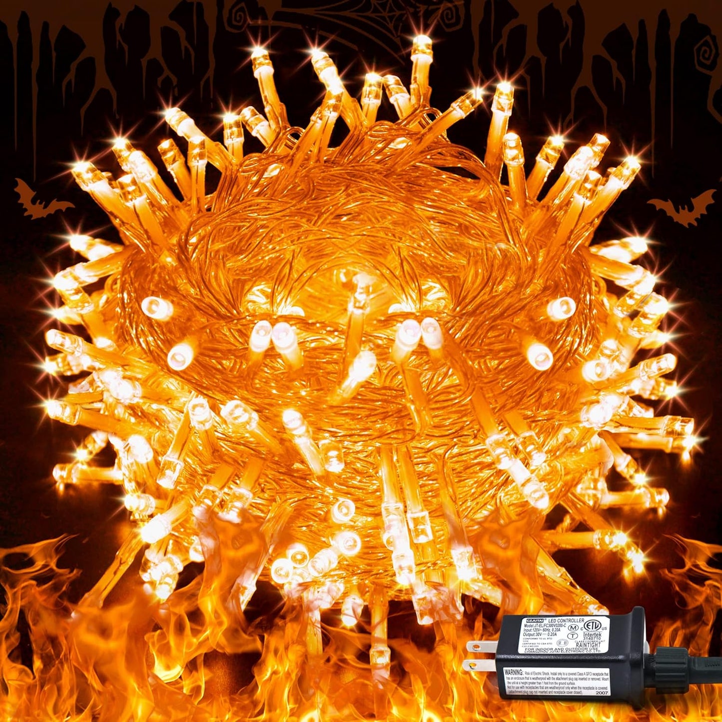 JMEXSUSS Connectable 33ft Halloween Lights Indoor, 100 LED Clear Wire Orange Lights for Halloween