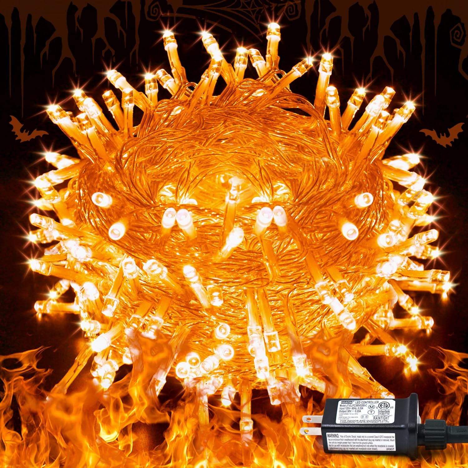 JMEXSUSS Connectable 33ft Halloween Lights Indoor, 100 LED Clear Wire Orange Lights for Halloween