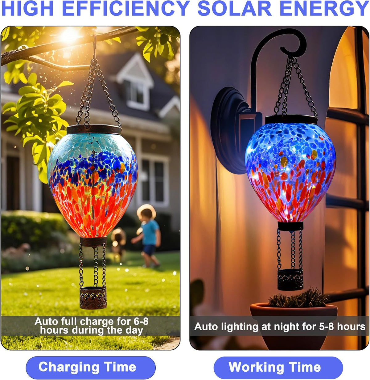 VOREEN Solar Hot Air Balloon Light – Handblown Colored Glass Outdoor Hanging Lantern for Garden
