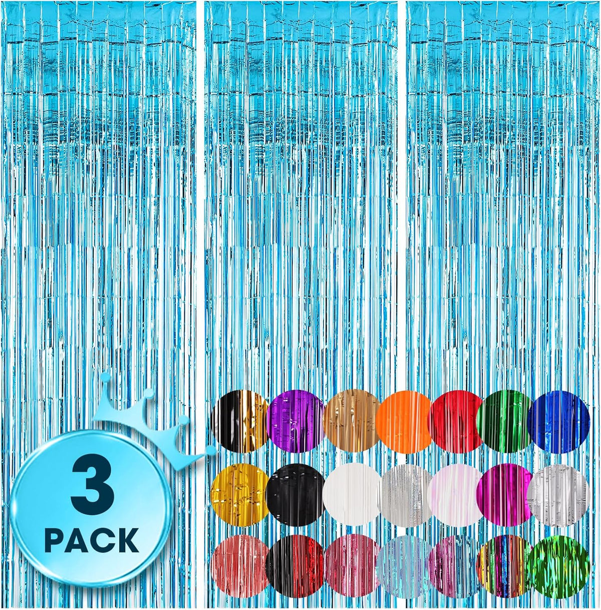 3 Pack 3.3x8.2 Feet Light Blue Foil Fringe Backdrop Curtains, Tinsel Streamers Birthday Party