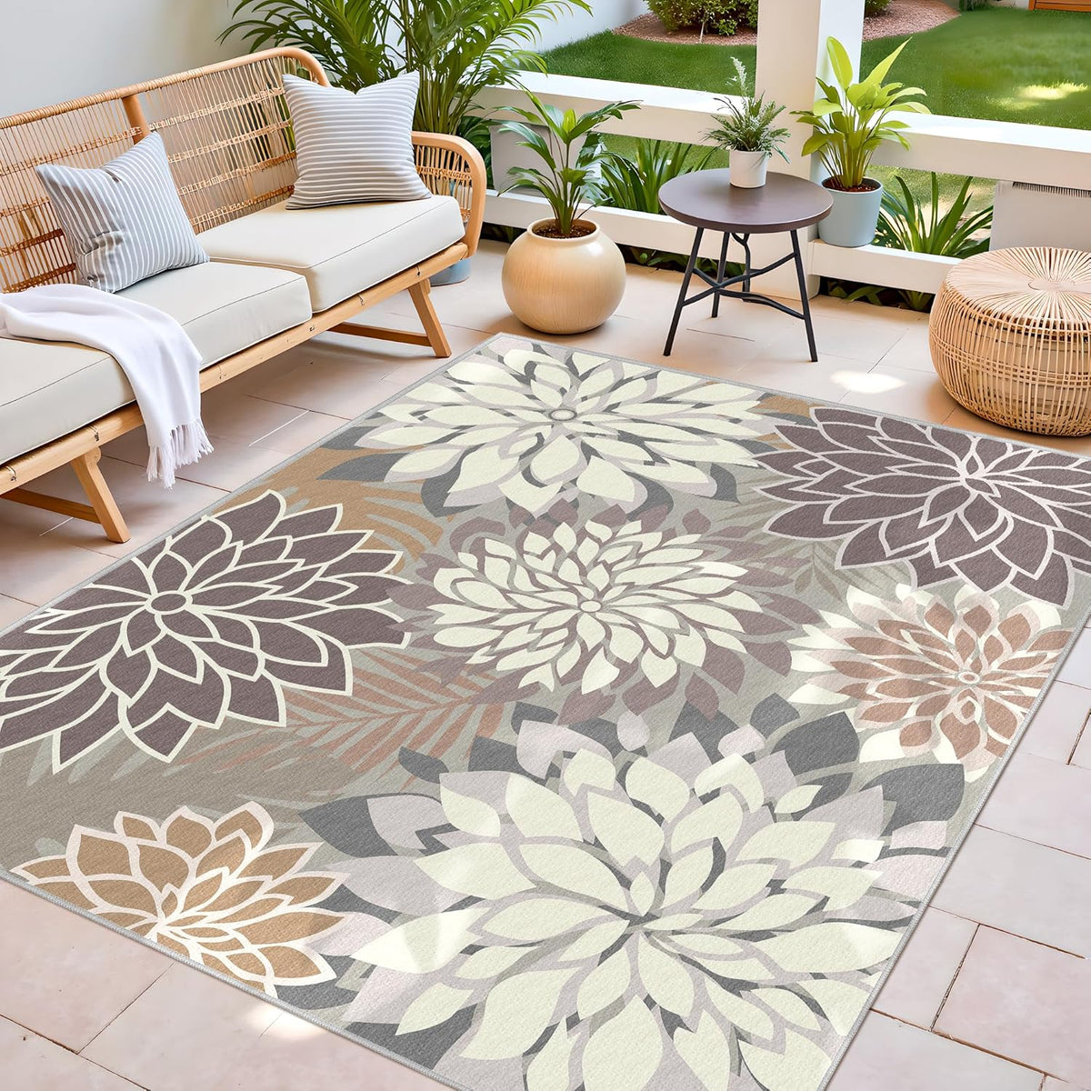 Indoor Outdoor Area Rug Washable Multicolored Patio Rug Tropical Botanical Modern Floral Indoor