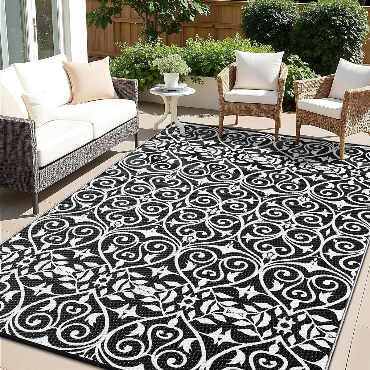 OLANLY Outdoor Rug Waterproof 6x9 ft Clearance, Reversible Outdoor Plastic Straw Rug with Floral