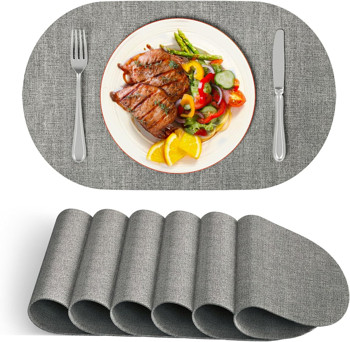 DOLOPL Oval Placemats Set of 6, Gray Faux Leather Heat Resistant Table Mats - Anti Slip Table Place