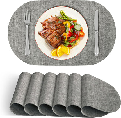 DOLOPL Oval Placemats Set of 6, Gray Faux Leather Heat Resistant Table Mats - Anti Slip Table Place