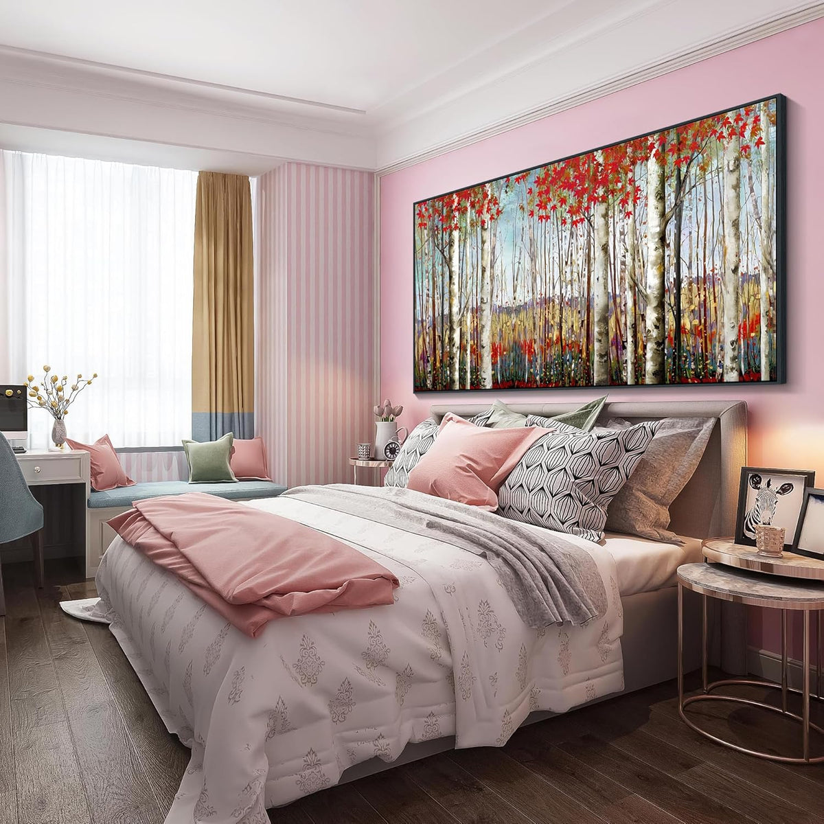Mofutinpo Large Framed Wall Decor canvas Red Leaves White Birch Tree Wall Art For Living Room