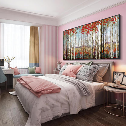 Mofutinpo Large Framed Wall Decor canvas Red Leaves White Birch Tree Wall Art For Living Room
