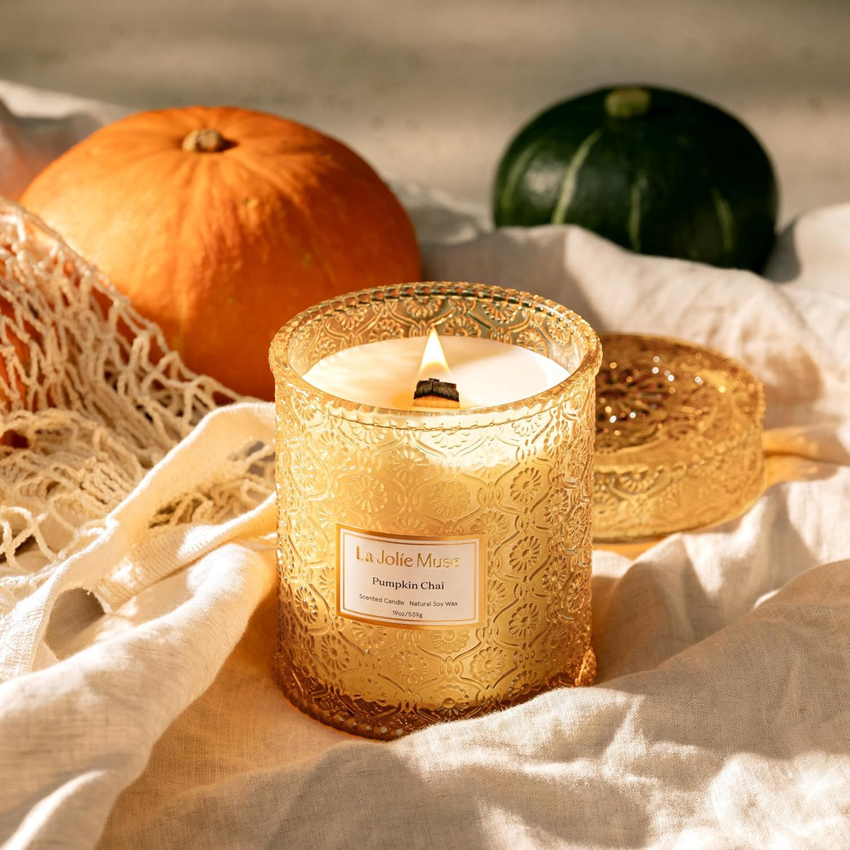 LA JOLIE MUSE Pumpkin Candle, Fall Candles for Home Scented, 19 oz Large Wood Wicked Candles