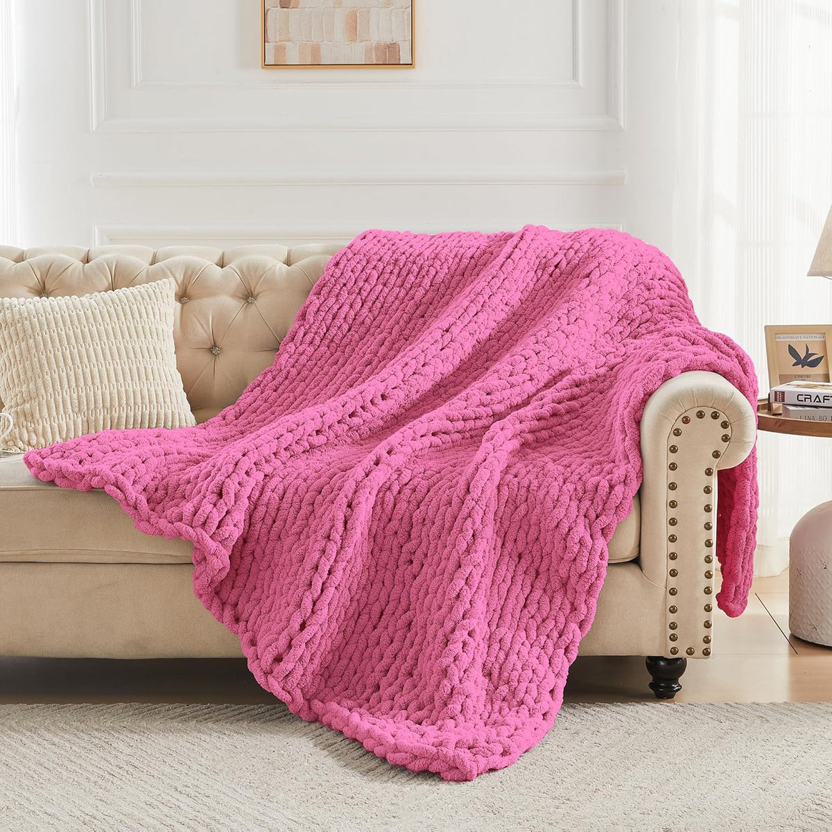 Carriediosa Chunky Knit Throw Blanket 60" X 80" Twin, 100% Hand Made Large Chenille Loop Yarn Soft
