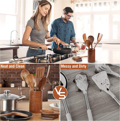 9 Piece Natural Teak Wooden Kitchen Utensil Set with Spoon Rest - Comfort Grip Cooking Spoons and