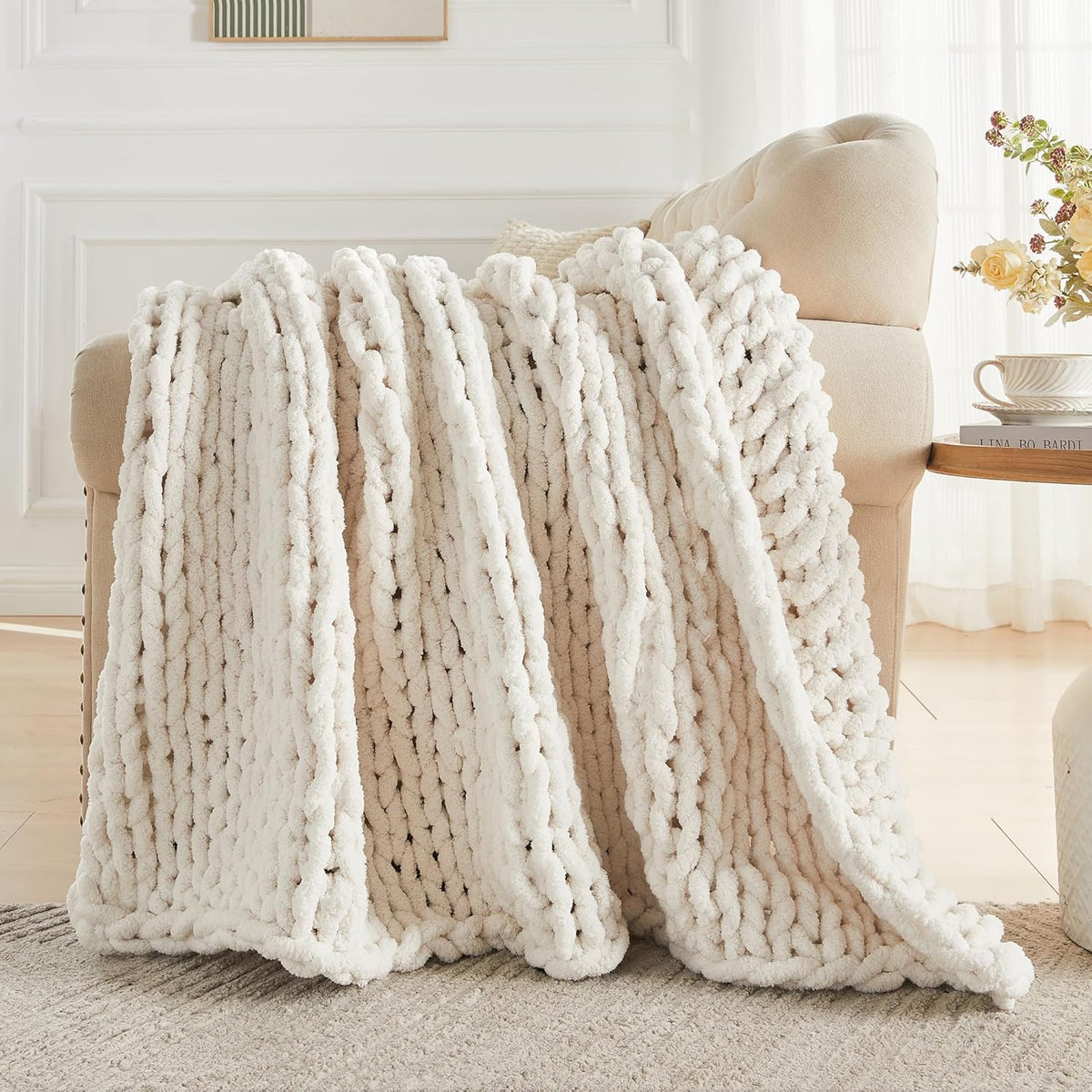 Carriediosa Chunky Knit Throw Blanket 60" X 80" Twin, 100% Hand Made Large Chenille Loop Yarn Soft