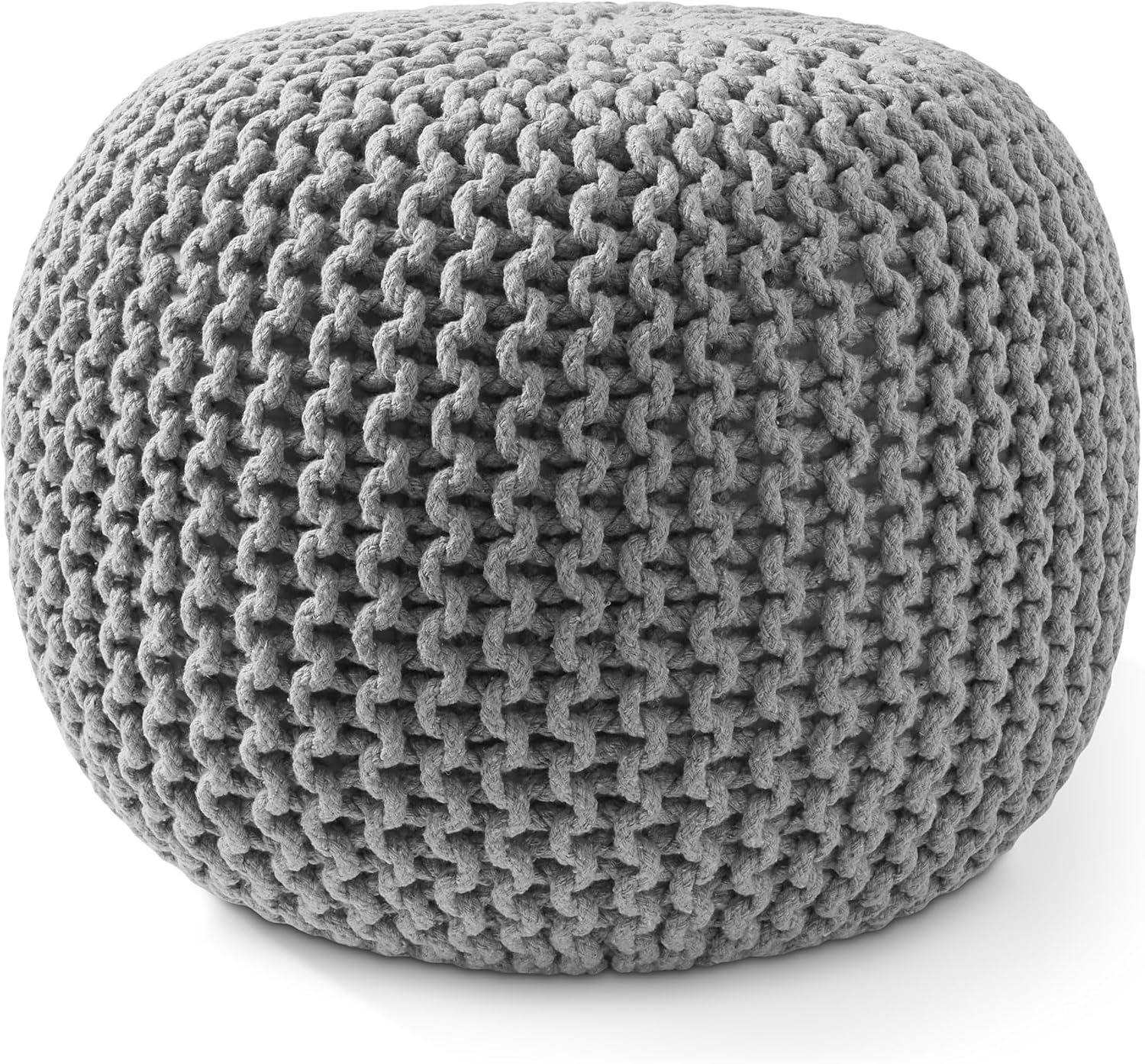 Casafield Round Pouf Ottoman, Light Gray - 20" Diameter x 14.5" High Cotton Knit Foot Stool - Boho