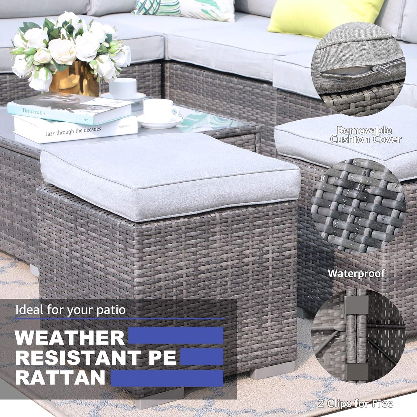 Patiorama 2 Pieces Assembled Outdoor Patio Ottoman, Indoor Outdoor All-Weather Grey Wicker Rattan