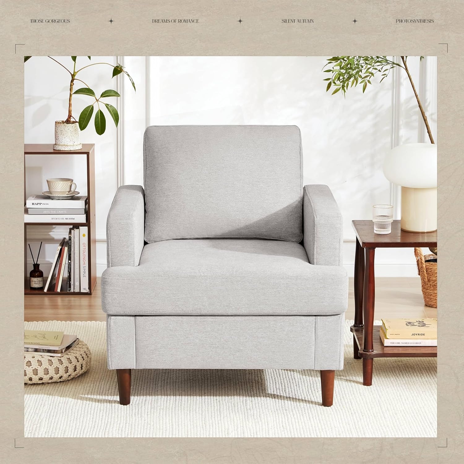 Mid-Century Accent Chair,Modern Linen Fabric Armchair for Living Room,Comfy Upholstered Reading