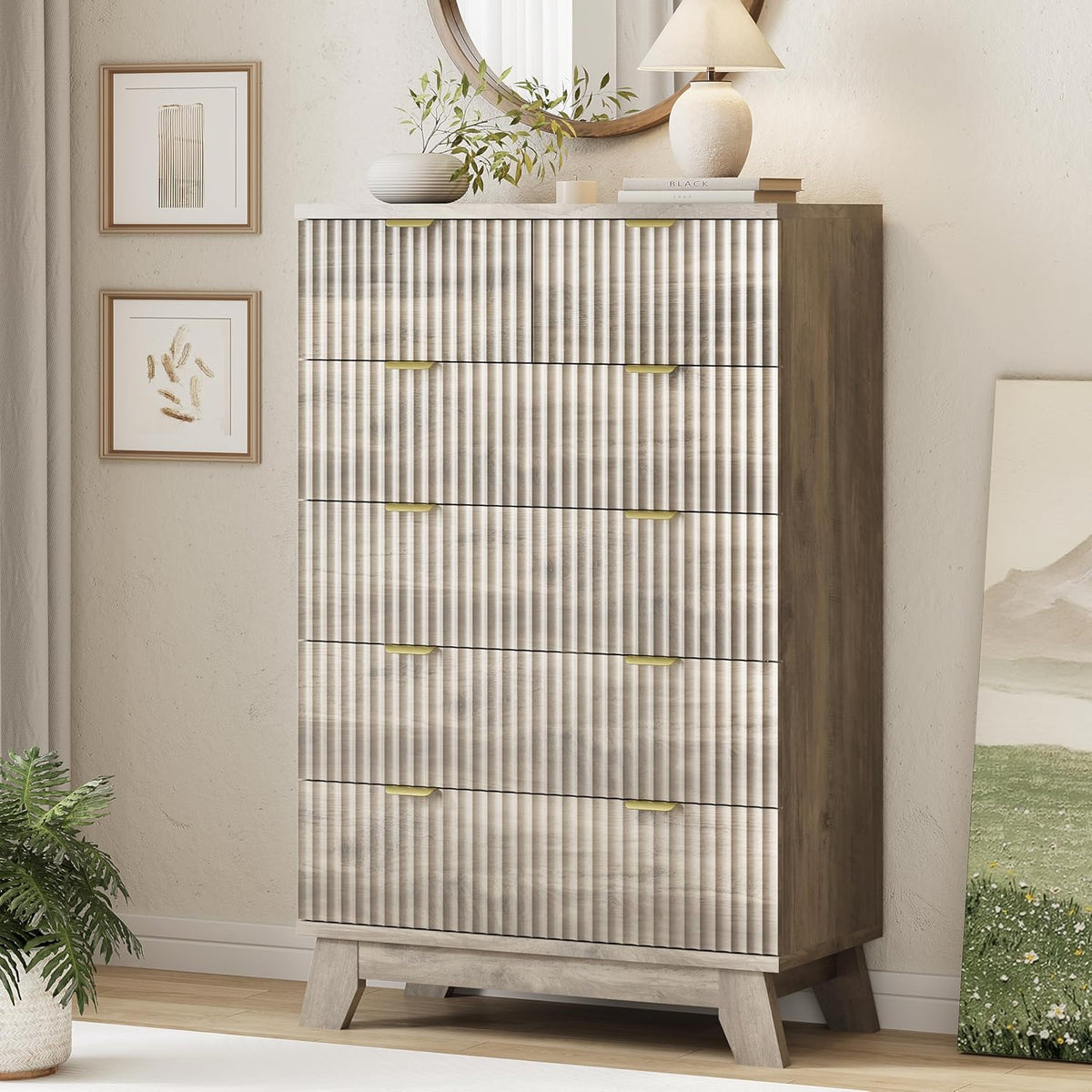Fluted Dresser for Bedroom with 6 Drawers, 46" Tall Modern Chest of Drawers with Metal Handle