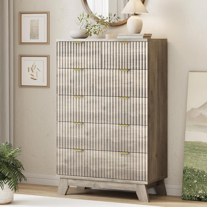 Fluted Dresser for Bedroom with 6 Drawers, 46" Tall Modern Chest of Drawers with Metal Handle