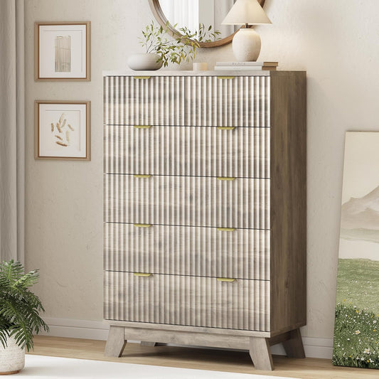 Fluted Dresser for Bedroom with 6 Drawers, 46" Tall Modern Chest of Drawers with Metal Handle
