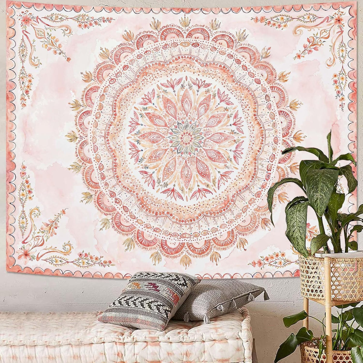 Fowocu Boho Floral Mandala Tapestry Wall Hanging Pink Bohemian Flower Medallion Tapestry Aesthetic
