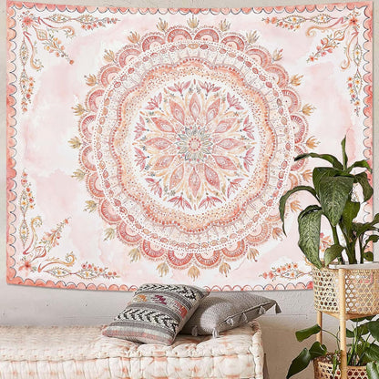 Fowocu Boho Floral Mandala Tapestry Wall Hanging Pink Bohemian Flower Medallion Tapestry Aesthetic