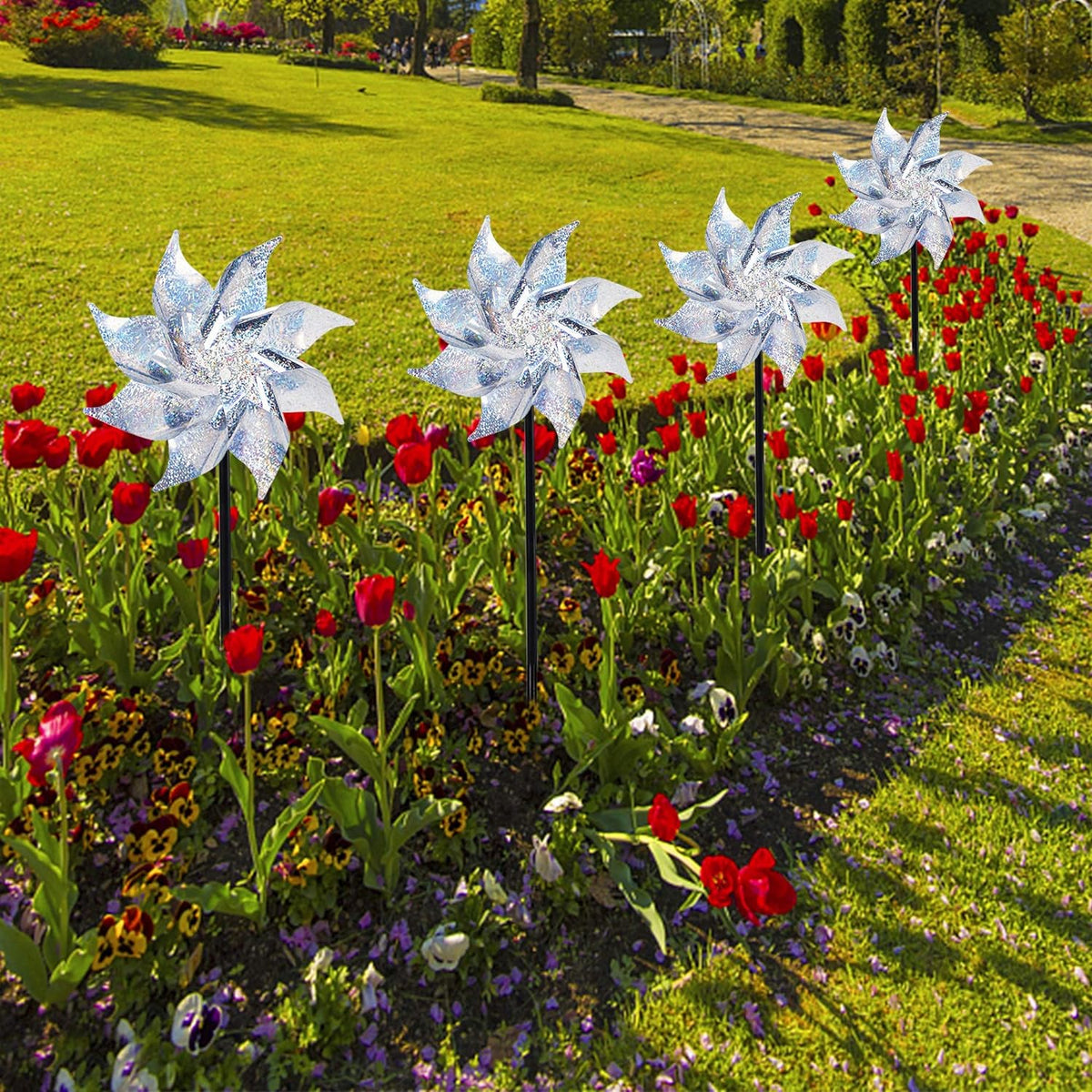 Hausse 10 Pack Reflective Pinwheels with Stakes (Assembly Required), Extra Sparkly Pin Wheel for