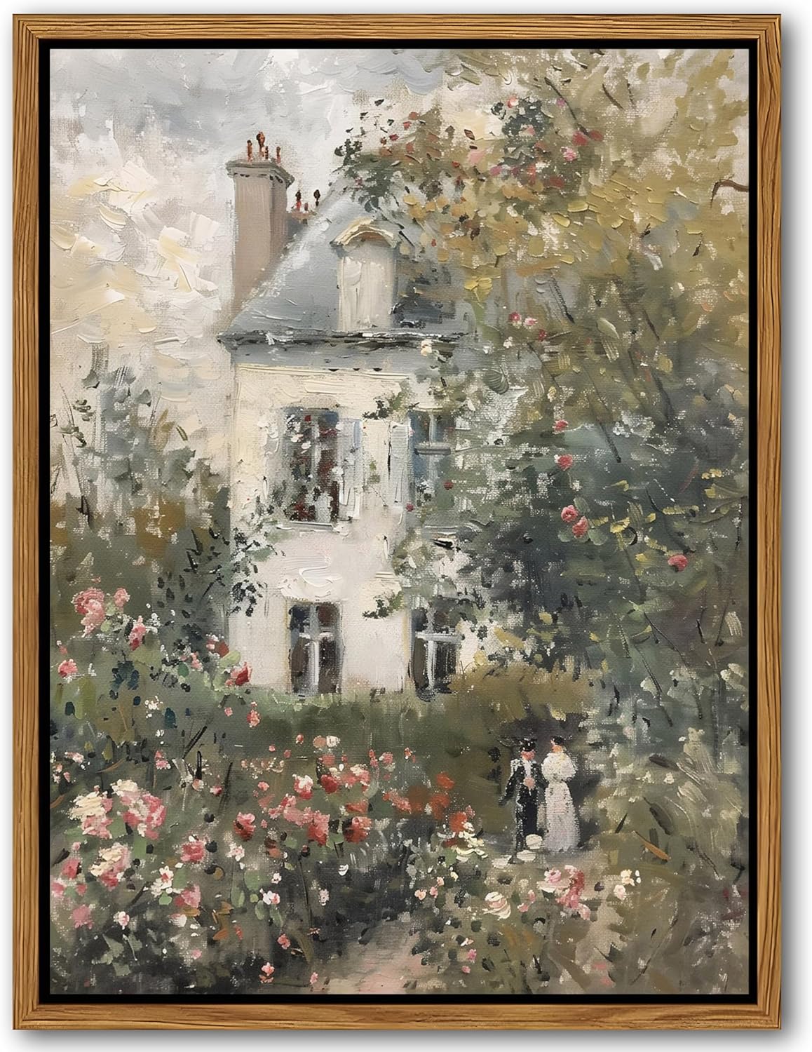 Floating Framed Canvas Vintage Wall Art, Neutral English Cottage Rose Garden Oil Paintings Print