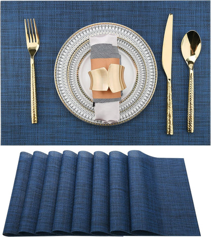 Navy Blue Placemats Set of 8 - Easy Clean Washable Vinyl Placemats - Wipeable Heat Resistant Table