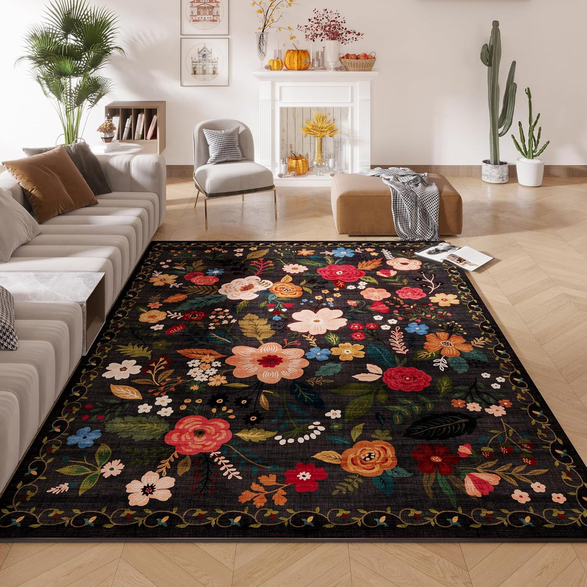 Living Room Rug 6x9 Rug Machine Washable Boho Area Rug Non Slip Floral Vintage Low Pile Large Rug