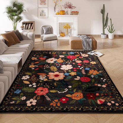 Living Room Rug 5x7 Rug Machine Washable Boho Area Rug Non Slip Floral Vintage Low Pile Large Rugs
