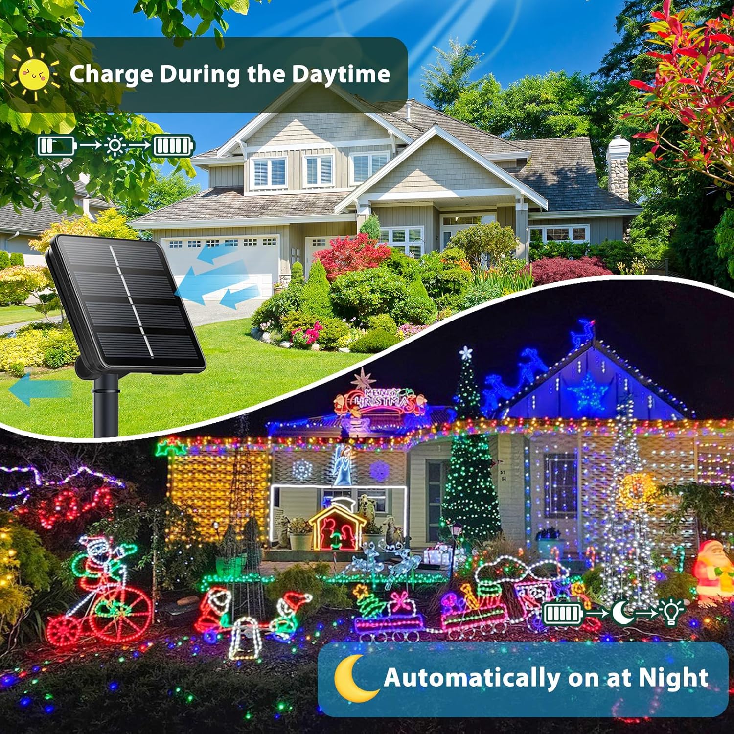 SANJICHA Warm White and Multicolor Color Changing Solar String Lights, Extra-Long 2PK 144FT 400LED