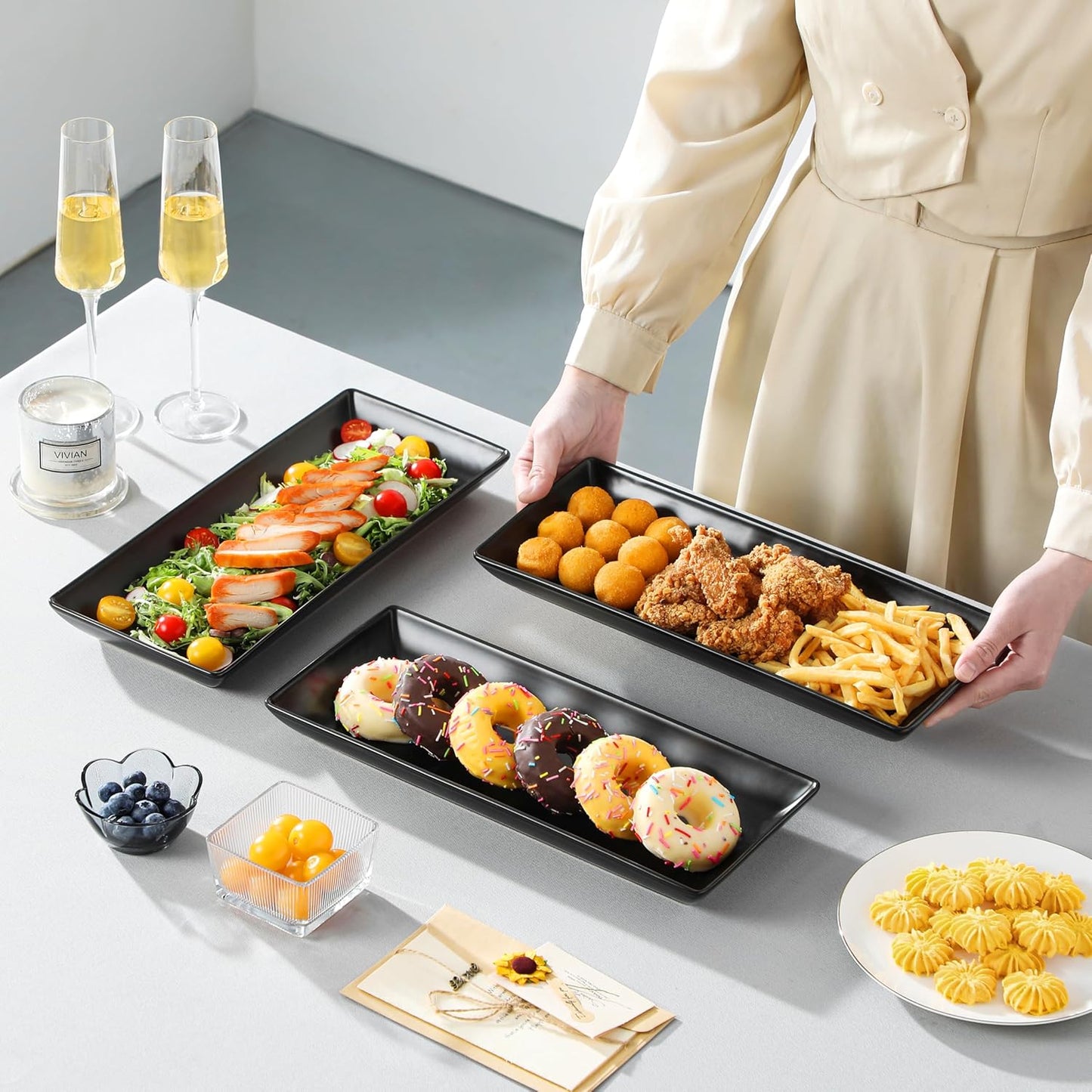 MALACASA 3 Tier Serving Trays for Party, 14 Inch Porcelain Black Trays for Serving Food, Dessert