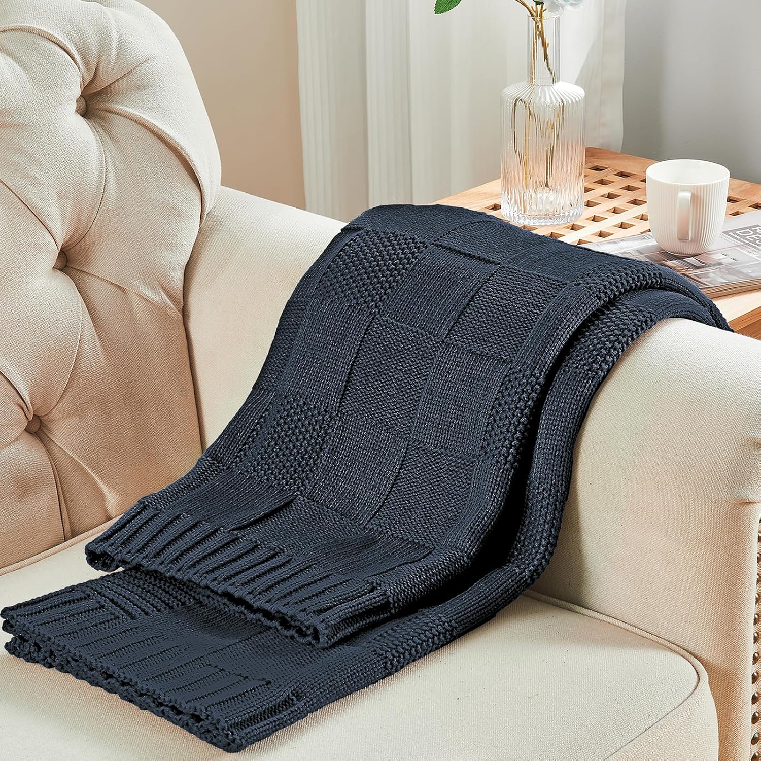 CozeCube Check Knit Throw Blanket, Midnight Navy Checkered Throw for Couch, Decorative Christmas
