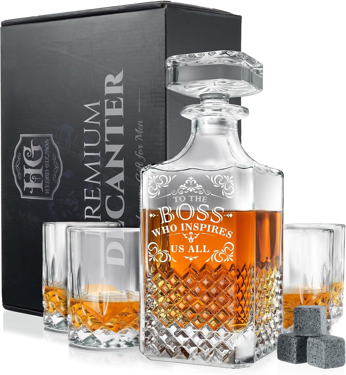 Luxury Gift For Boss - Boss Who Inspires Us All - Unique Engraved Whiskey Decanter Set For The