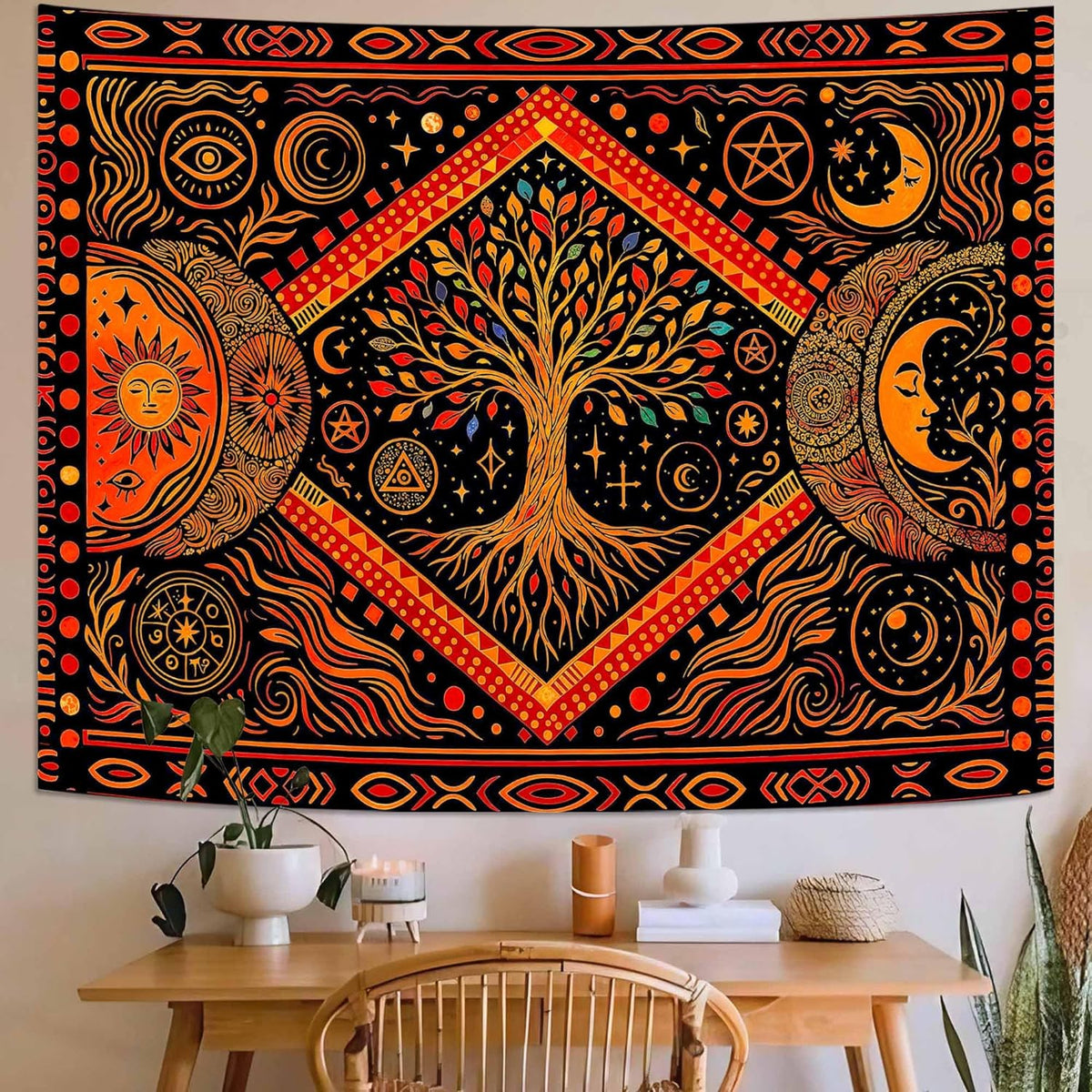 Lunerfex Tree of Life Sun Moon Stars Wall Tapestry, Cosmic Harmony Symbol Tapestries for Home