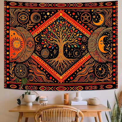 Lunerfex Tree of Life Sun Moon Stars Wall Tapestry, Cosmic Harmony Symbol Tapestries for Home