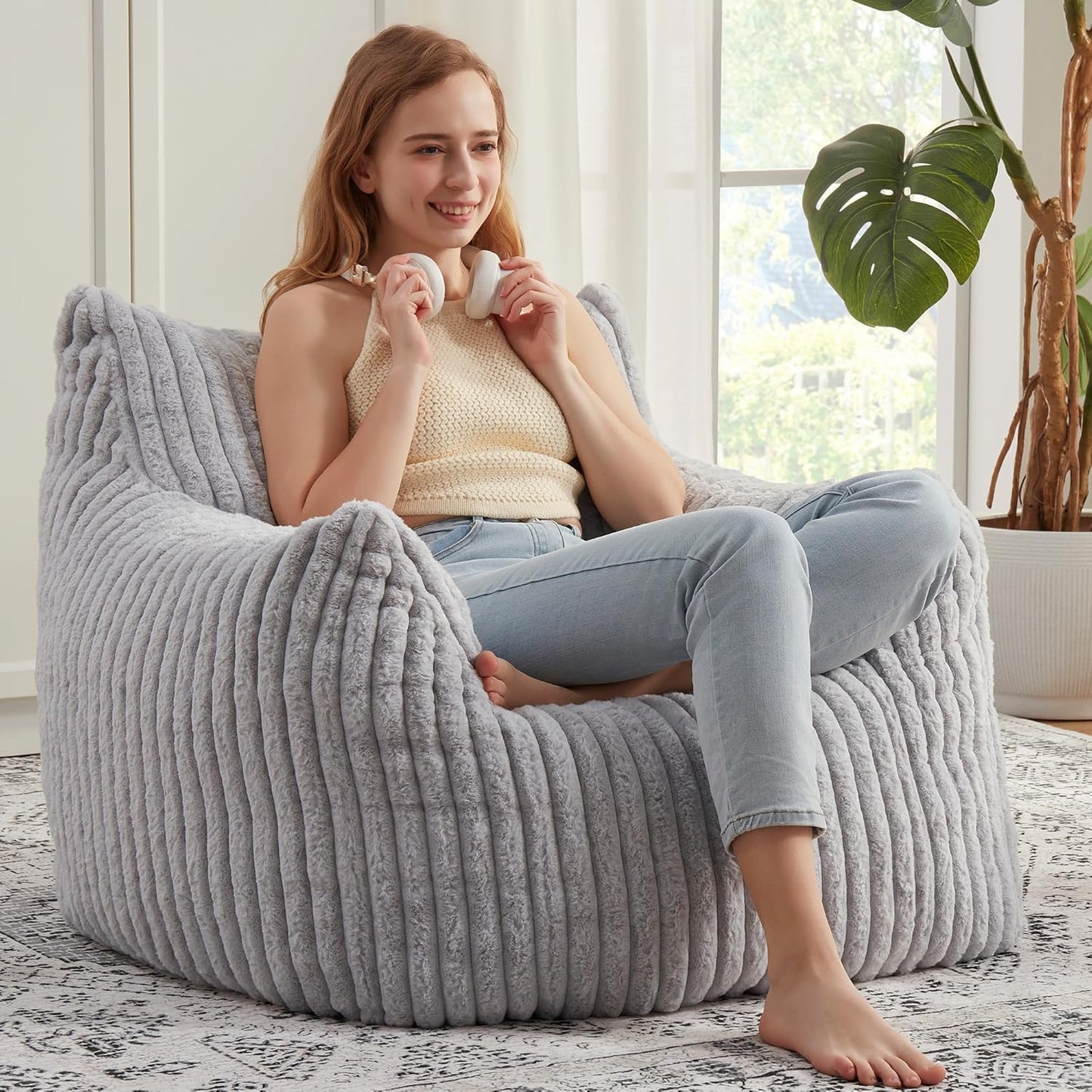Giant Bean Bag Chairs for Adults with Filling Plush Fluffy Bean Bag Chairs for Teens with Armrests