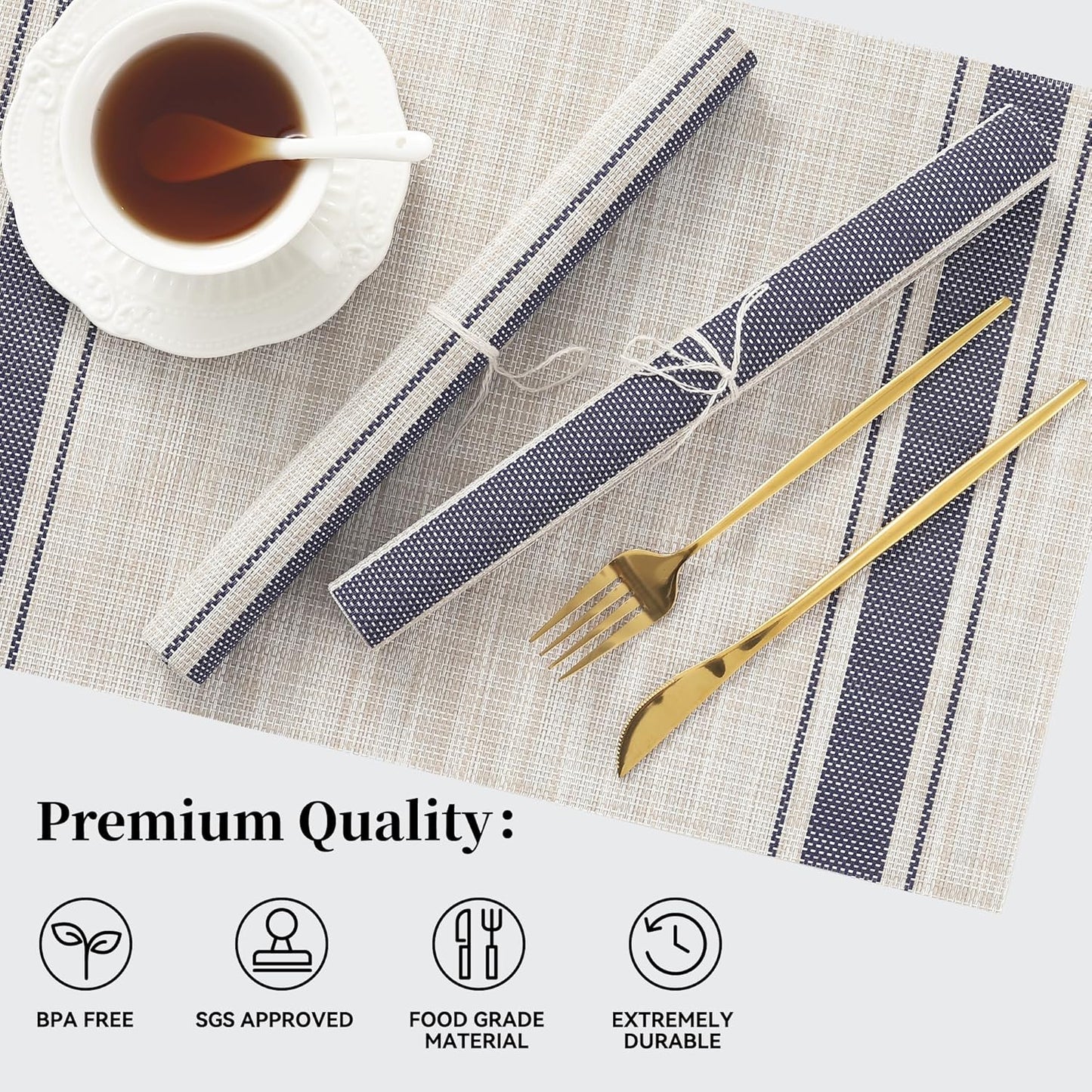Leetaltree Khaki-Blue Placemats, Heat Resistant Non-Slip Place mats for Dining Table, Washable