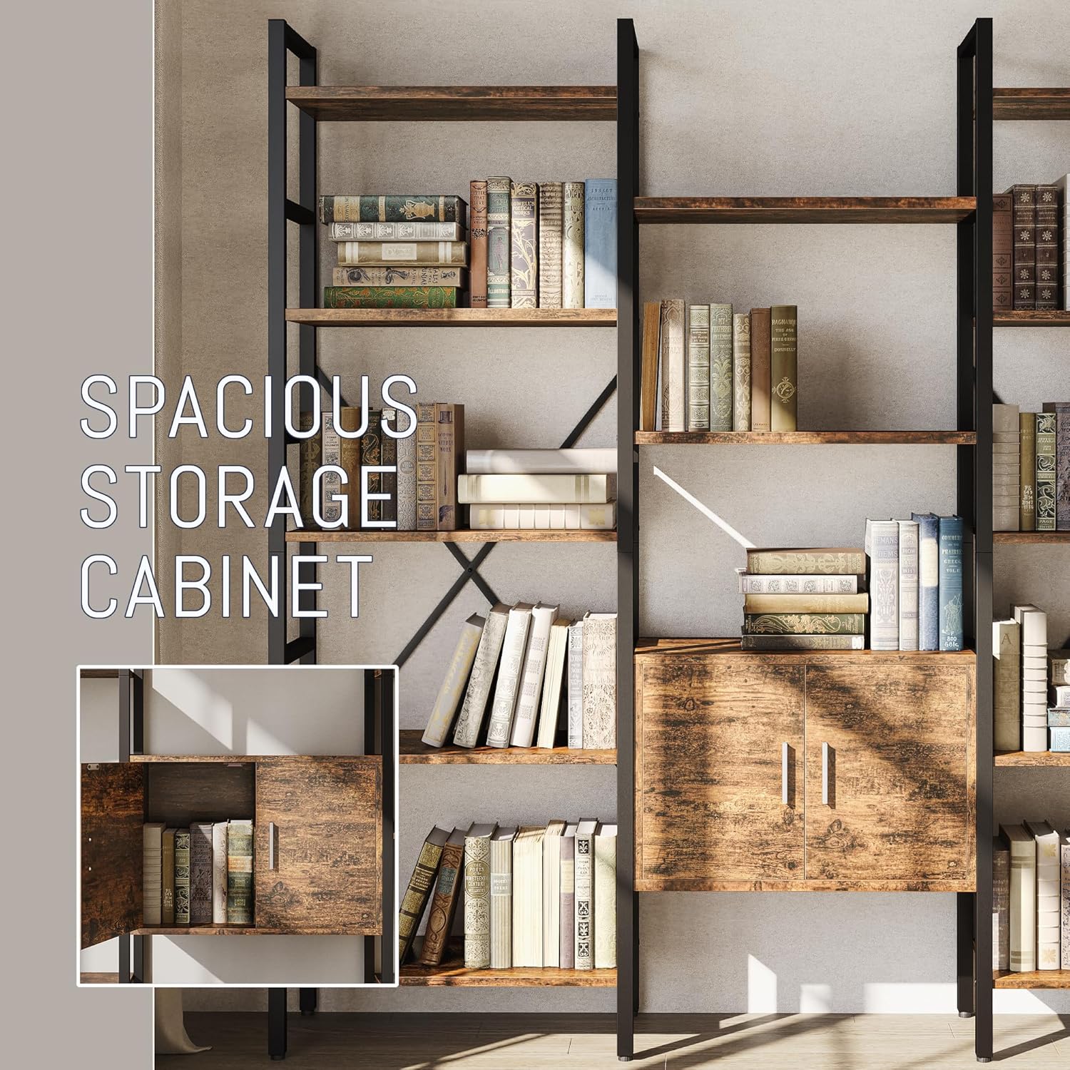 70 x70" Triple 5 Tier Book Shelf, Industrial Large Bookcase with Storage Cabinet, Tall Bookshelf