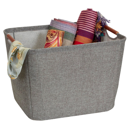 Household Essentials Medium Tapered Soft‑Side Storage Bin with Wood Handles, Gray