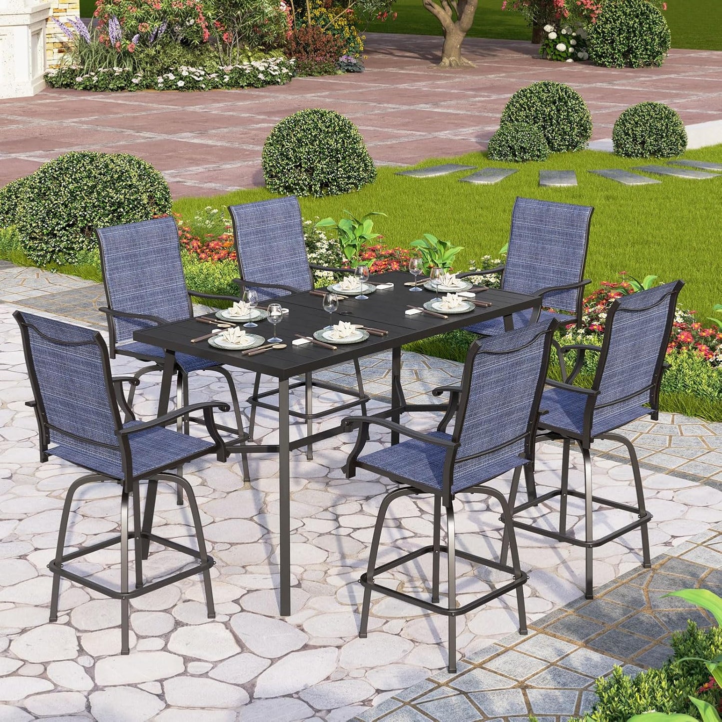 PHI VILLA Outdoor Bar Set, 7 Piece Patio Dining Table and Swivel Bar Stools with Metal Table, for