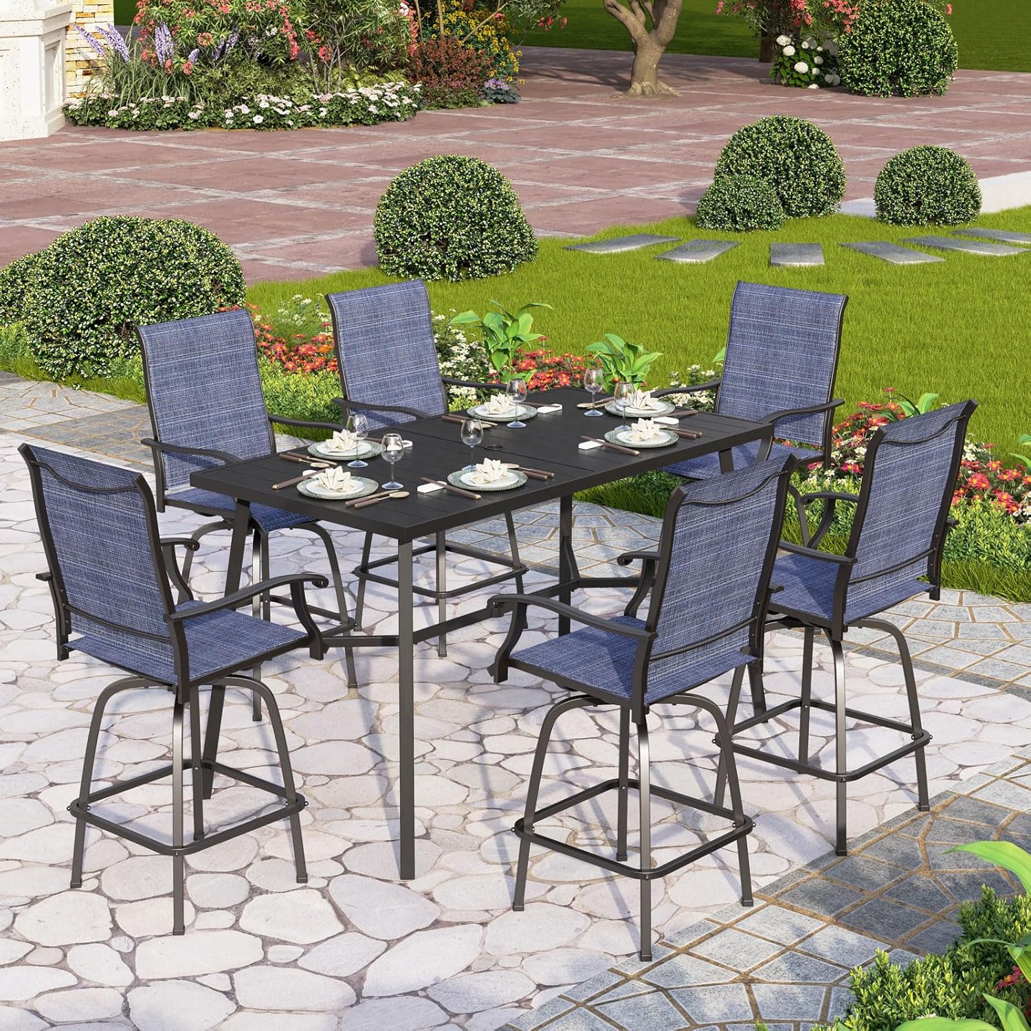 PHI VILLA Outdoor Bar Set, 7 Piece Patio Dining Table and Swivel Bar Stools with Metal Table, for