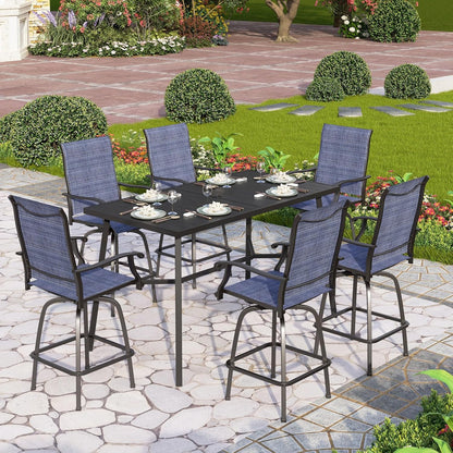 PHI VILLA Outdoor Bar Set, 7 Piece Patio Dining Table and Swivel Bar Stools with Metal Table, for